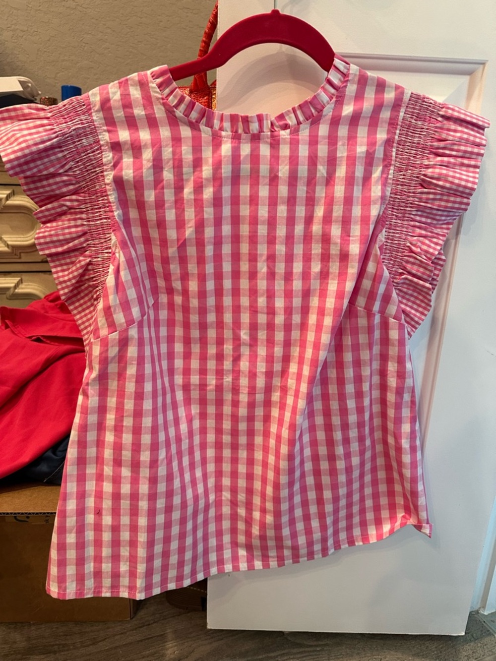 Ladies Pink Gingham Ruffle Sleeve Top